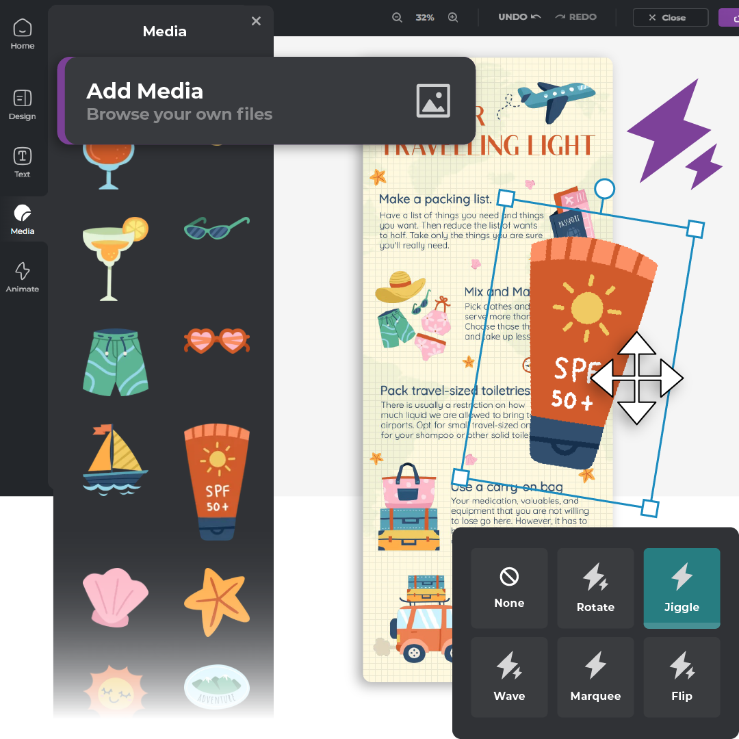 Adding media of sunscreen to a travel infographic with animation options