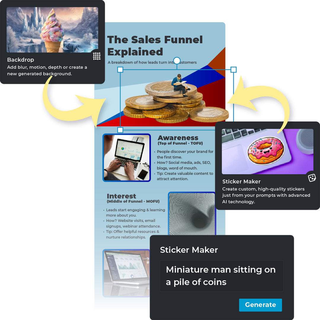 Infographic explaining the sales funnel with backdrop and sticker options