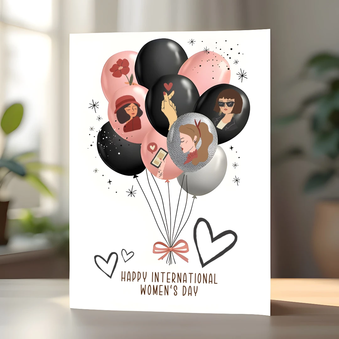 A card featuring colorful balloons and illustrations celebrating International Women's Day, adorned with hearts and stylish details.