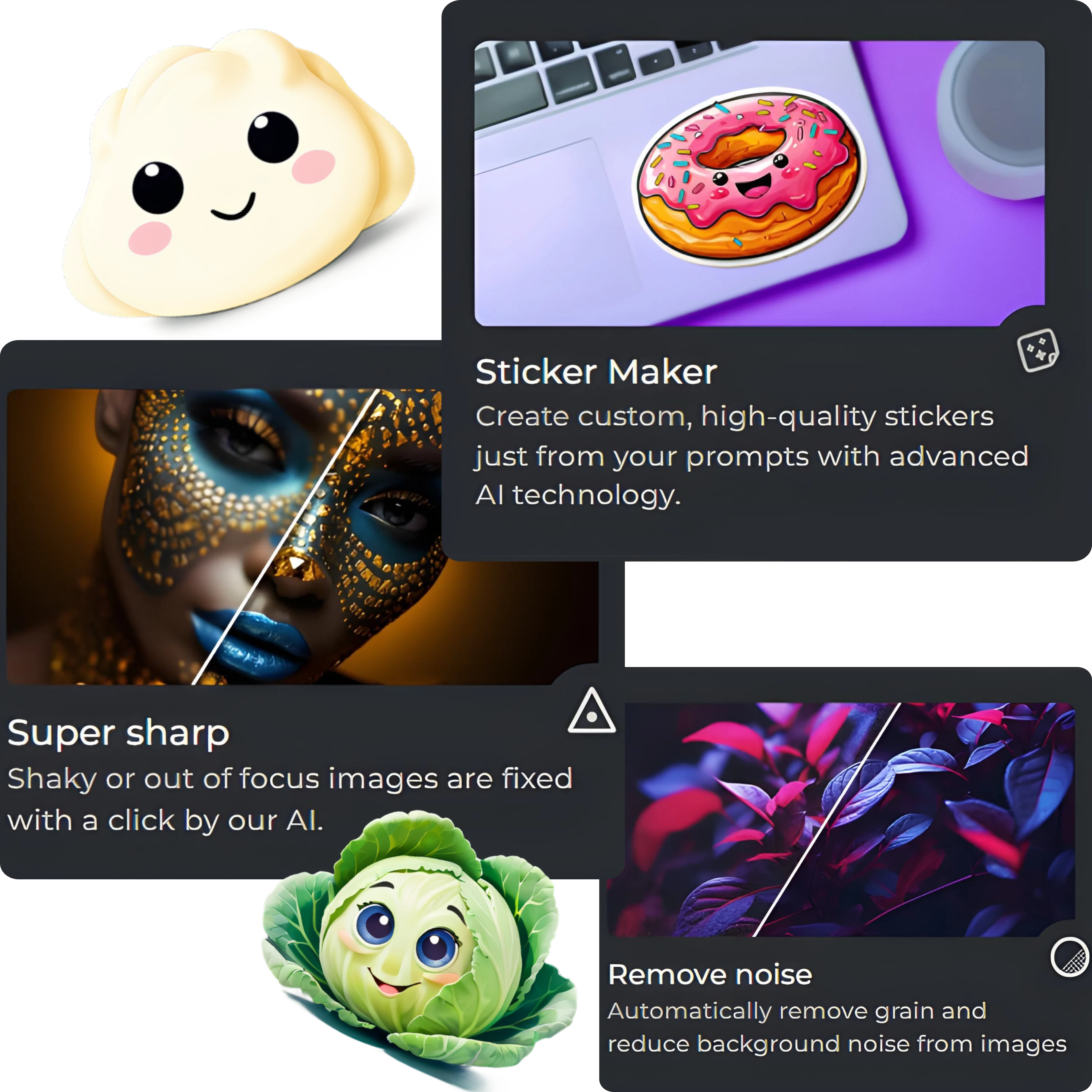 AI image editing tool interface. Features Sticker Maker, Super sharp, and Remove noise functions. Displays cute dumpling, donut sticker, masked face, colorful leaves, and cartoon cabbage illustrations. Dark background with feature descriptions.