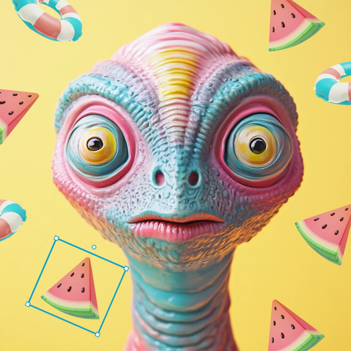 Colorful, whimsical rendering of an extraterrestrial creature with watermelon slices and lifebuoys on a yellow background.