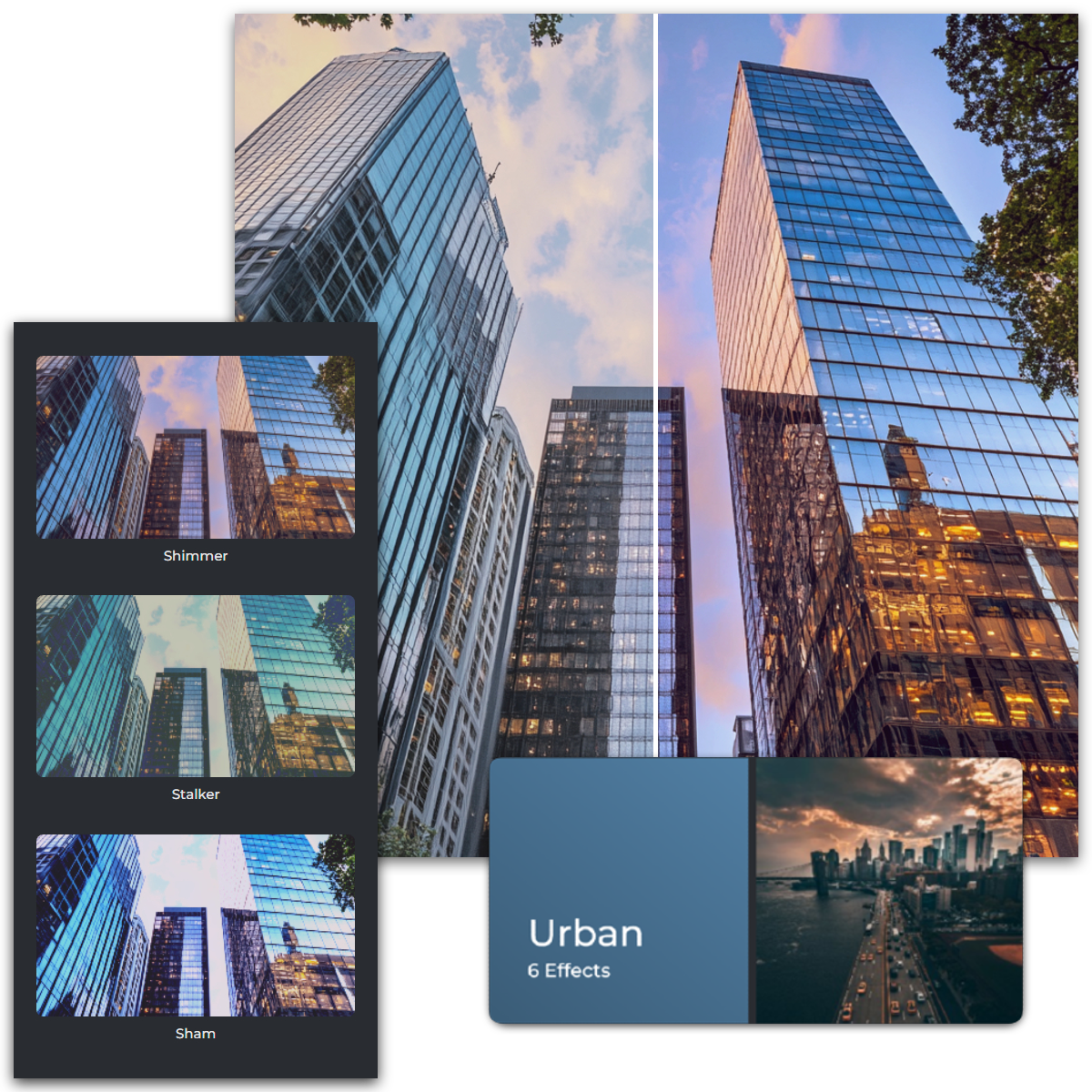 Collage of skyscrapers with various photo effects labeled 