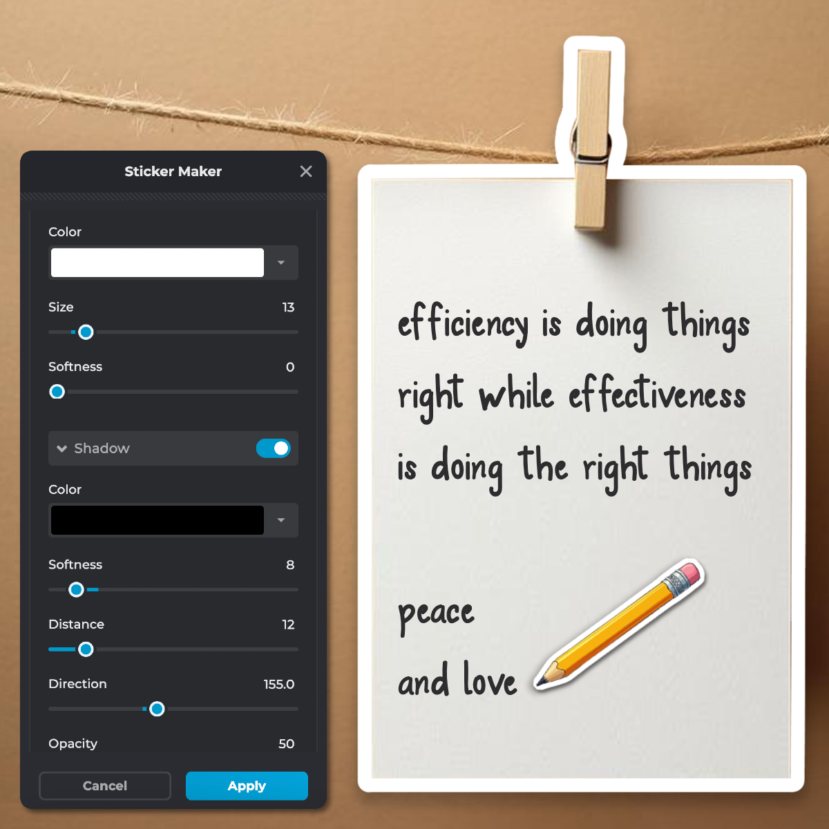 Sticker Maker interface overlaid on an image with handwritten-style notes and a pencil.