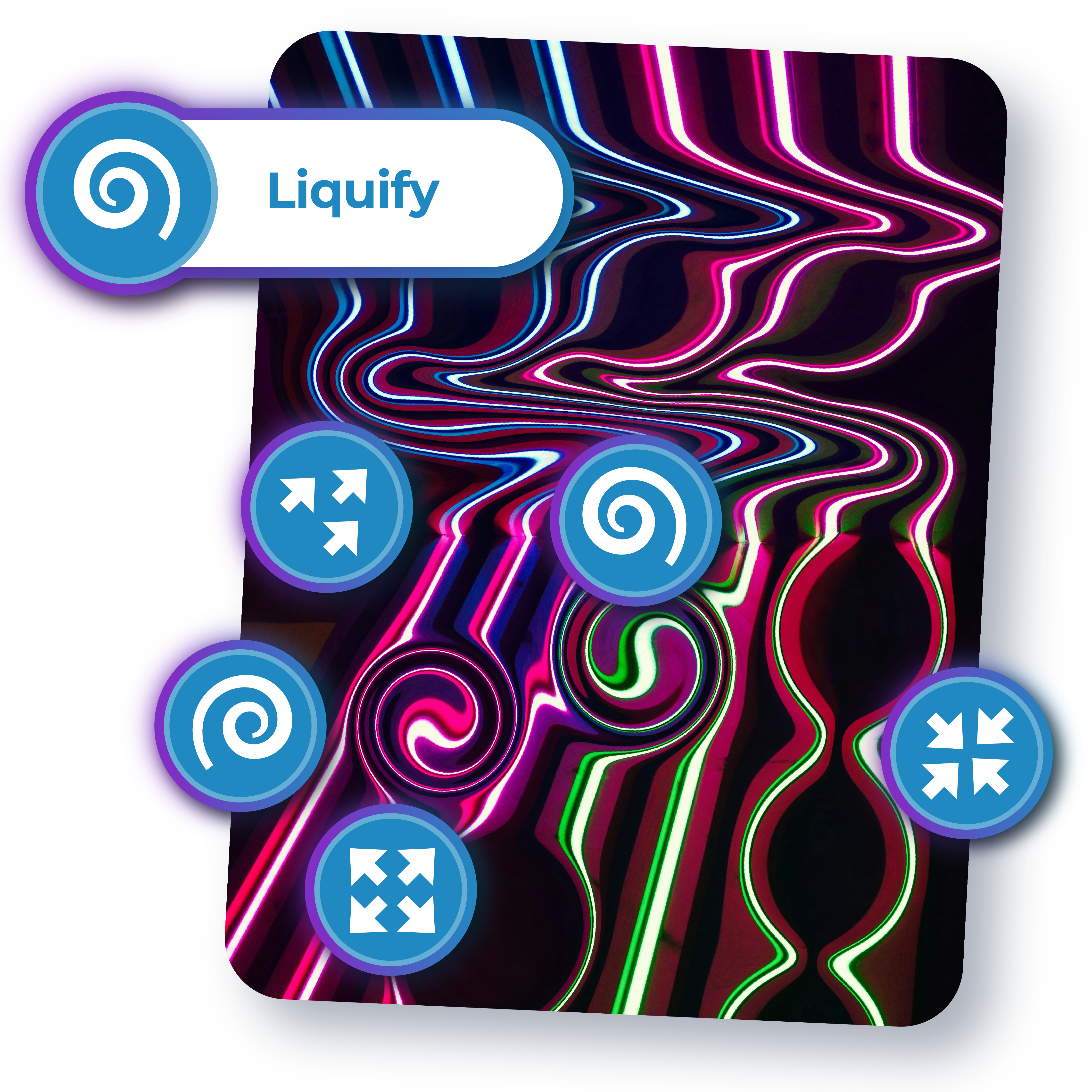 An abstract neon swirl effect applied to an image using Pixlr’s Liquify Tool, showcasing various liquify icons such as push, swirl, and resize.