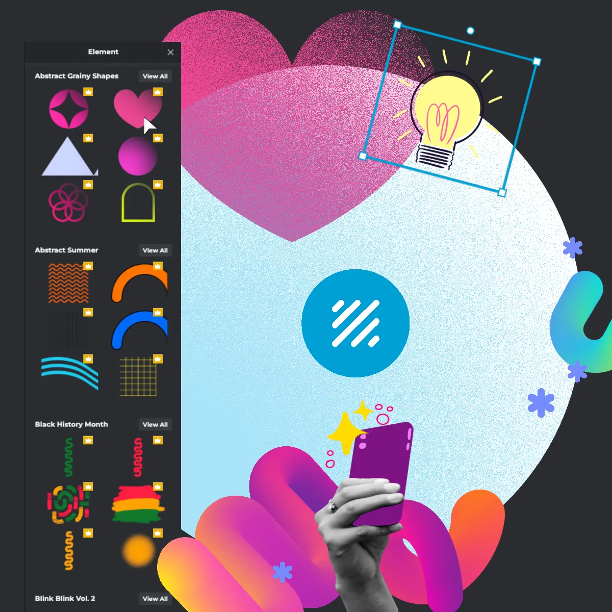 A graphic interface with colorful abstract elements and a hand holding a smartphone with icons flowing out.