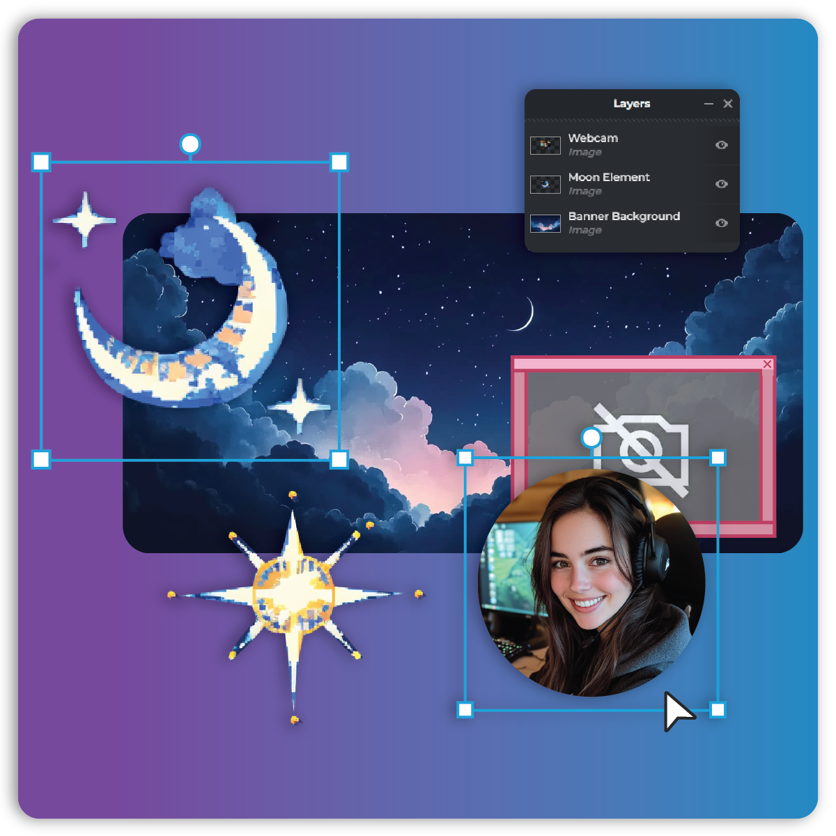 A digital design workspace featuring a night sky background, a crescent moon, and a star graphic, with a layers panel open.