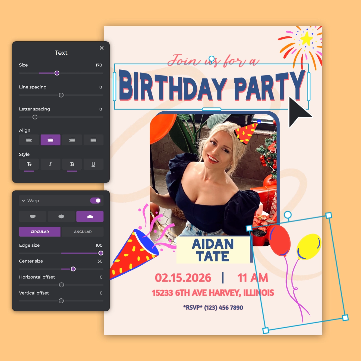 A colorful birthday party invitation featuring balloons, confetti, and text details for Aidan Tate's celebration on February 15, 2026.