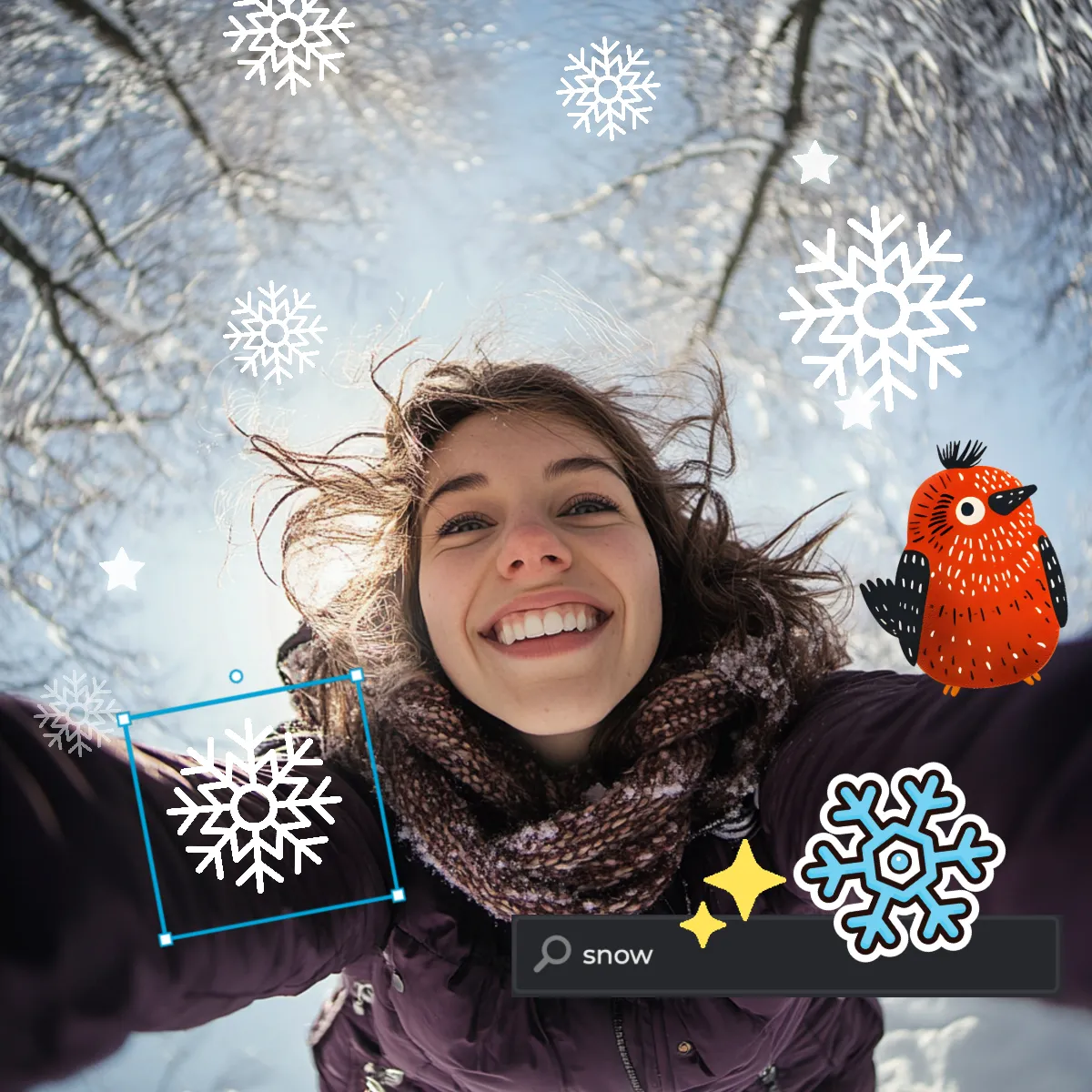 Person taking a selfie in a winter setting adorned with illustrated snowflakes and a cartoon bird.