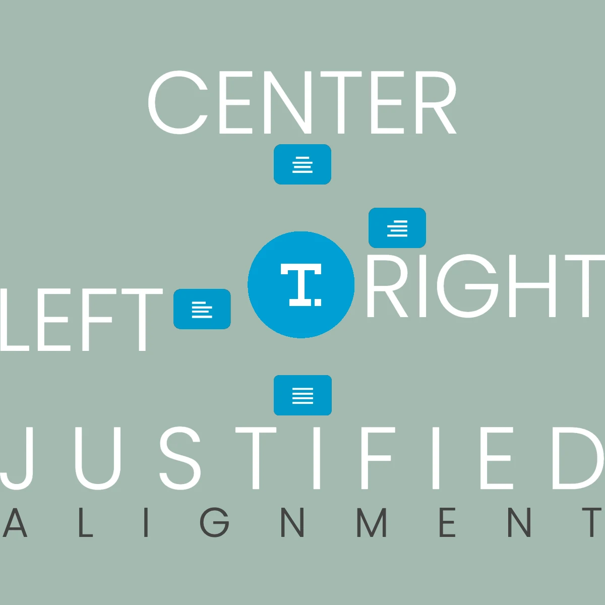 Graphic showing text alignment types: left, center, right, and justified, with corresponding icons.