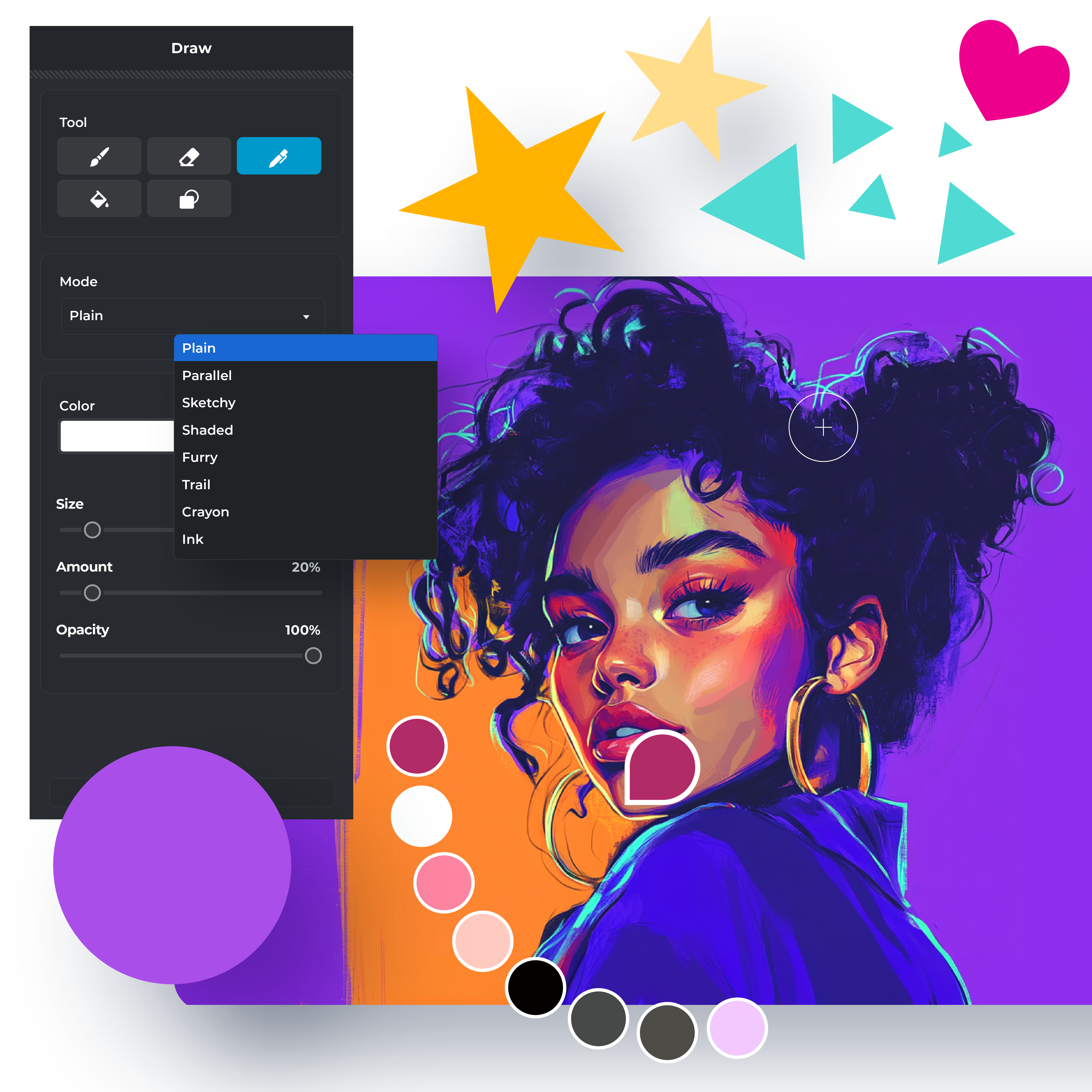 A vibrant illustration of a woman with Pixlr’s Draw Tool interface, showcasing customizable settings like brush mode, size, opacity, and color palette.