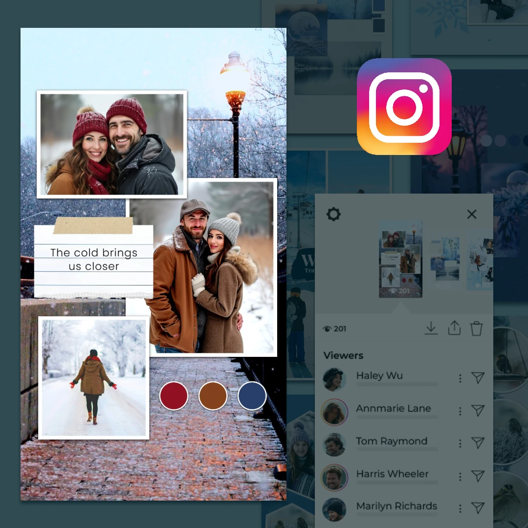 Collage of winter-themed photos and Instagram interface elements on a screen.