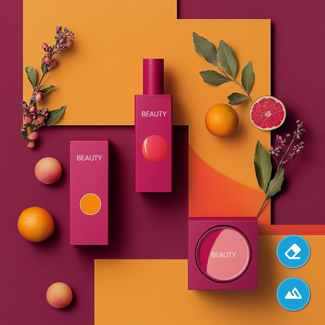 Cosmetic products with oranges, leaves on a yellow and maroon geometric background.