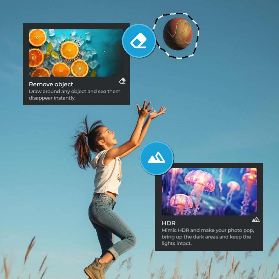 Person reaching out towards floating ball, photo editing icons on a blue-sky background.