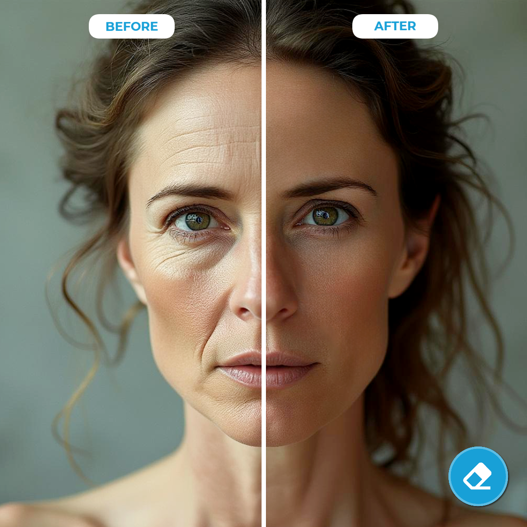 Split image showing a 'before and after' of an enhanced portrait image of a woman.