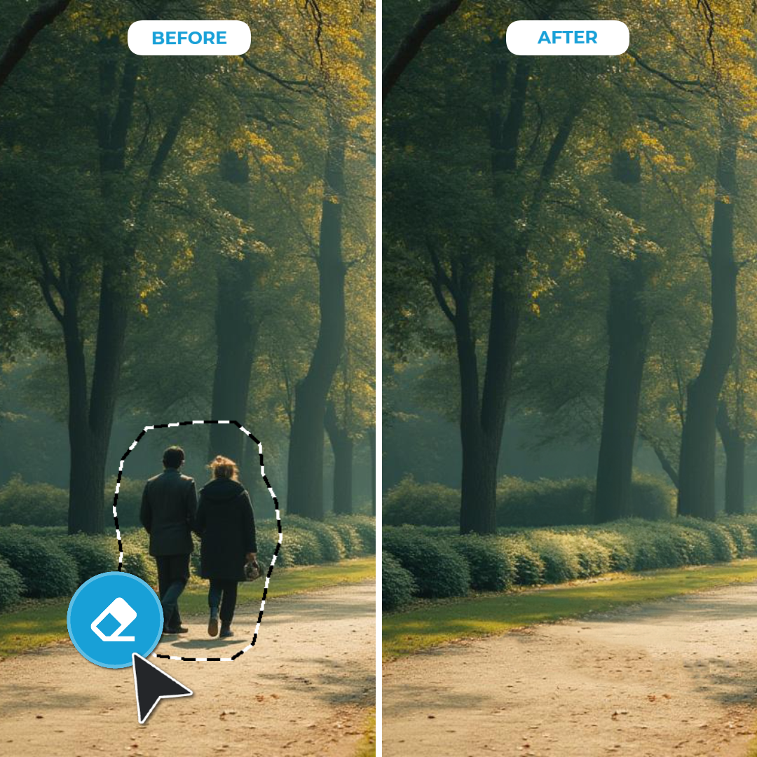 A split-view image comparing a park scene 'before' and 'after' editing, with a couple removed from the 'after' side.