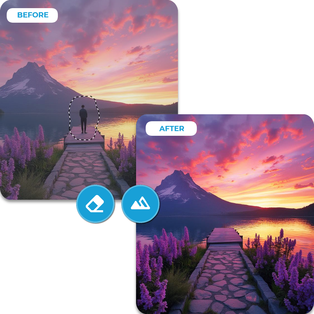Before and after photo editing comparison of a mountainous sunset scene with and without a person.