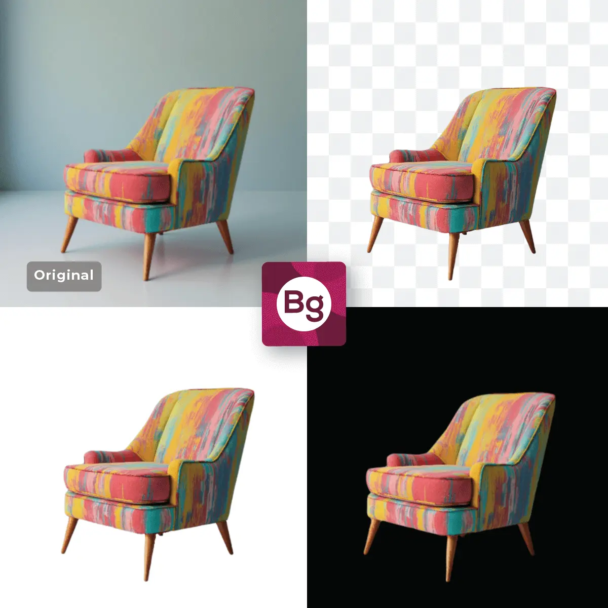 Colorful striped armchair against different background variations.