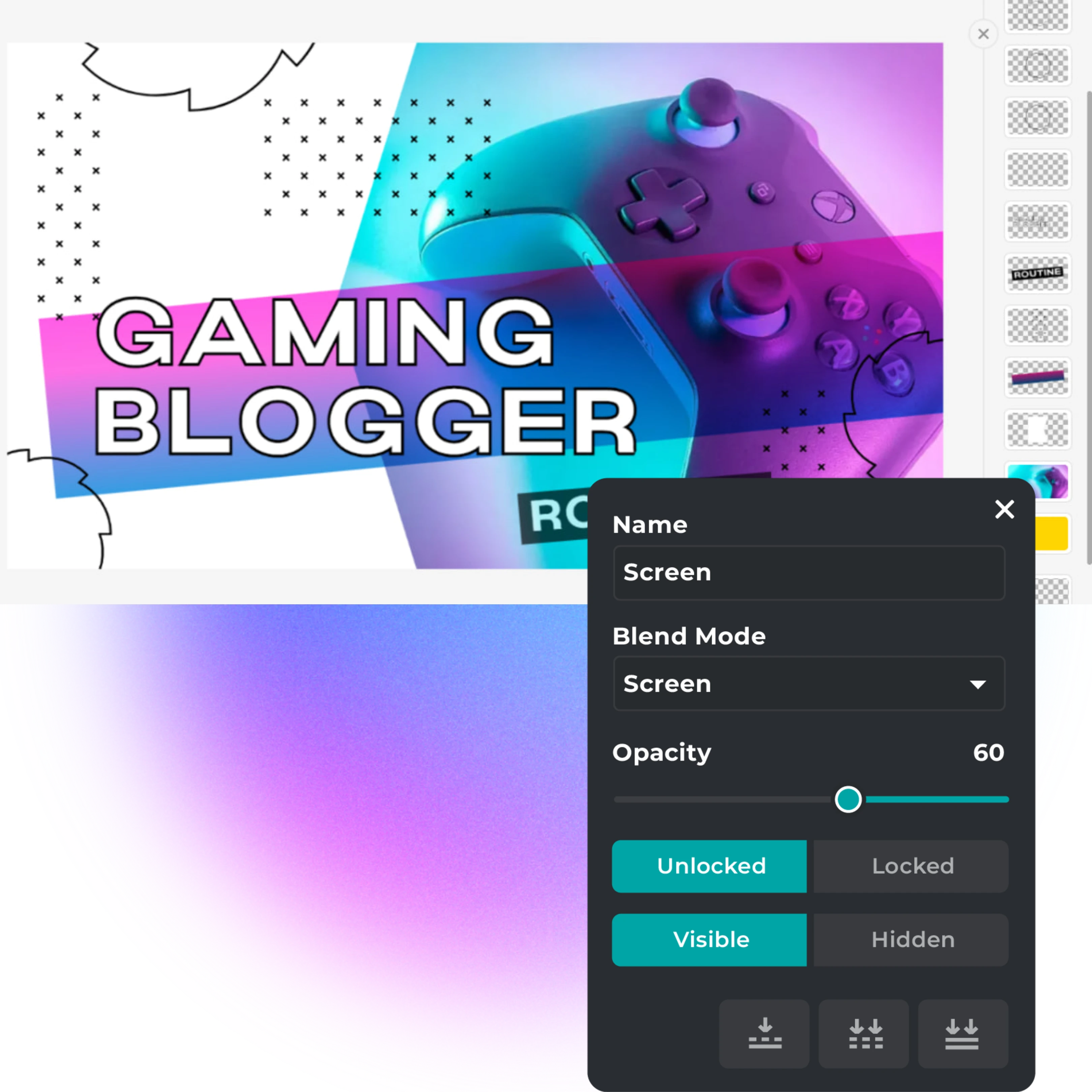 Gaming blogger banner design interface. Gradient background with game controller. Text Gaming Blogger in bold. Editing panel shows blend mode and opacity settings. Abstract patterns and RC text visible.
