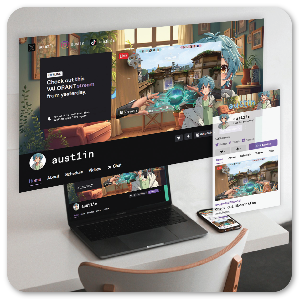 A vibrant Twitch streaming layout displayed on multiple devices, featuring an offline VALORANT game page and chat options.