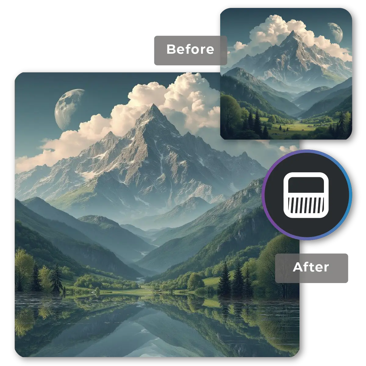 Split image showing mountain scenery before and after editing with filter overlay icons.