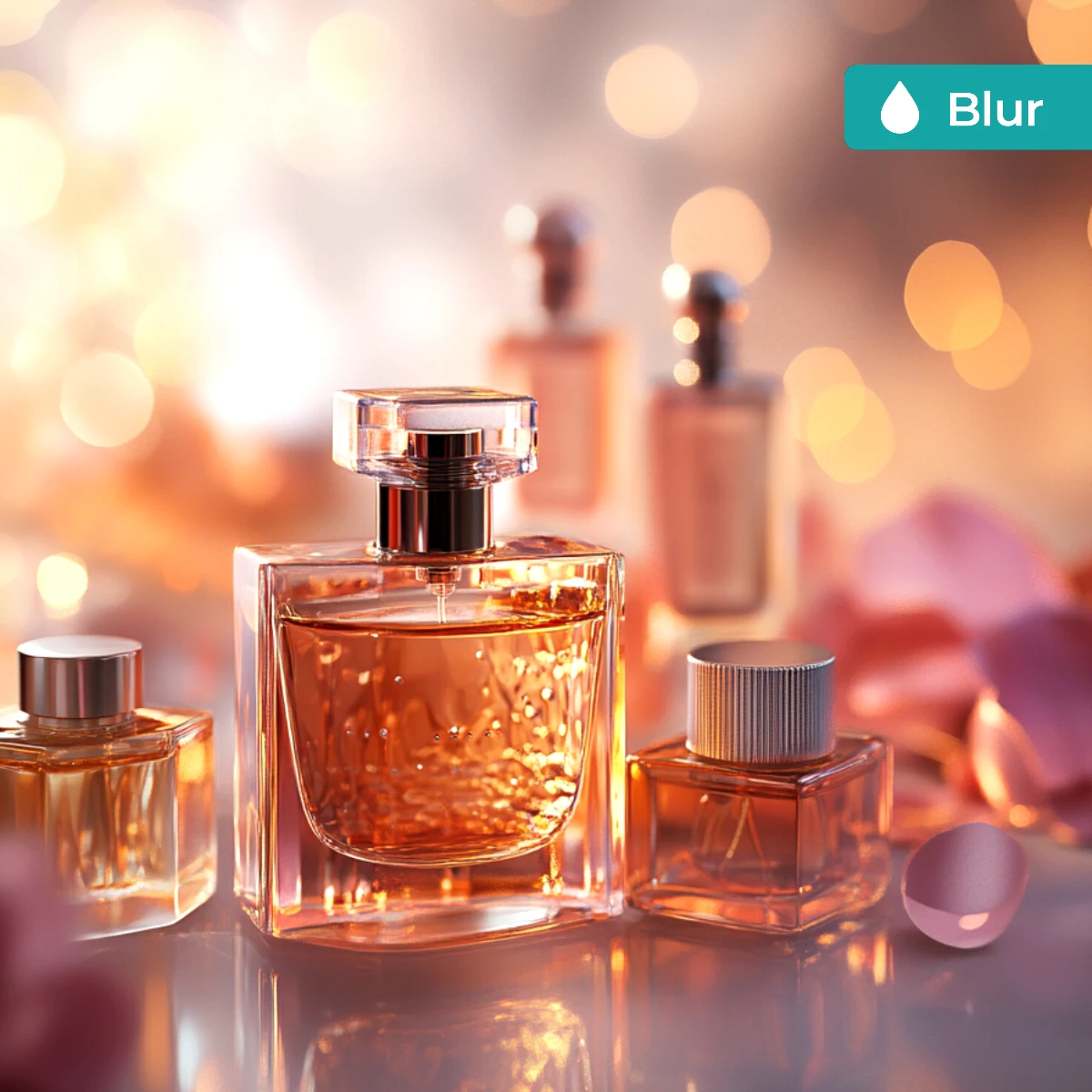 Elegant perfume bottles with a warm, bokeh-lit background.