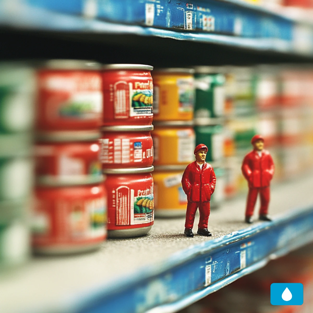 Miniature figures between rows of canned food on a supermarket shelf.