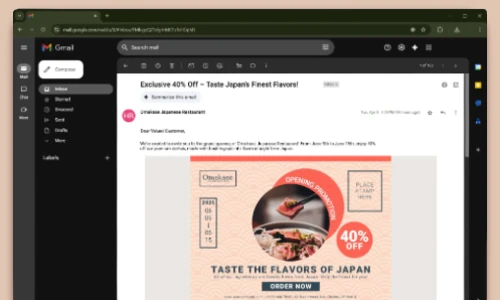 Email marketing interface Taste the Flavors of Japan promotion 40 percent off Close up of sushi roll with chopsticks Order now button Beige background