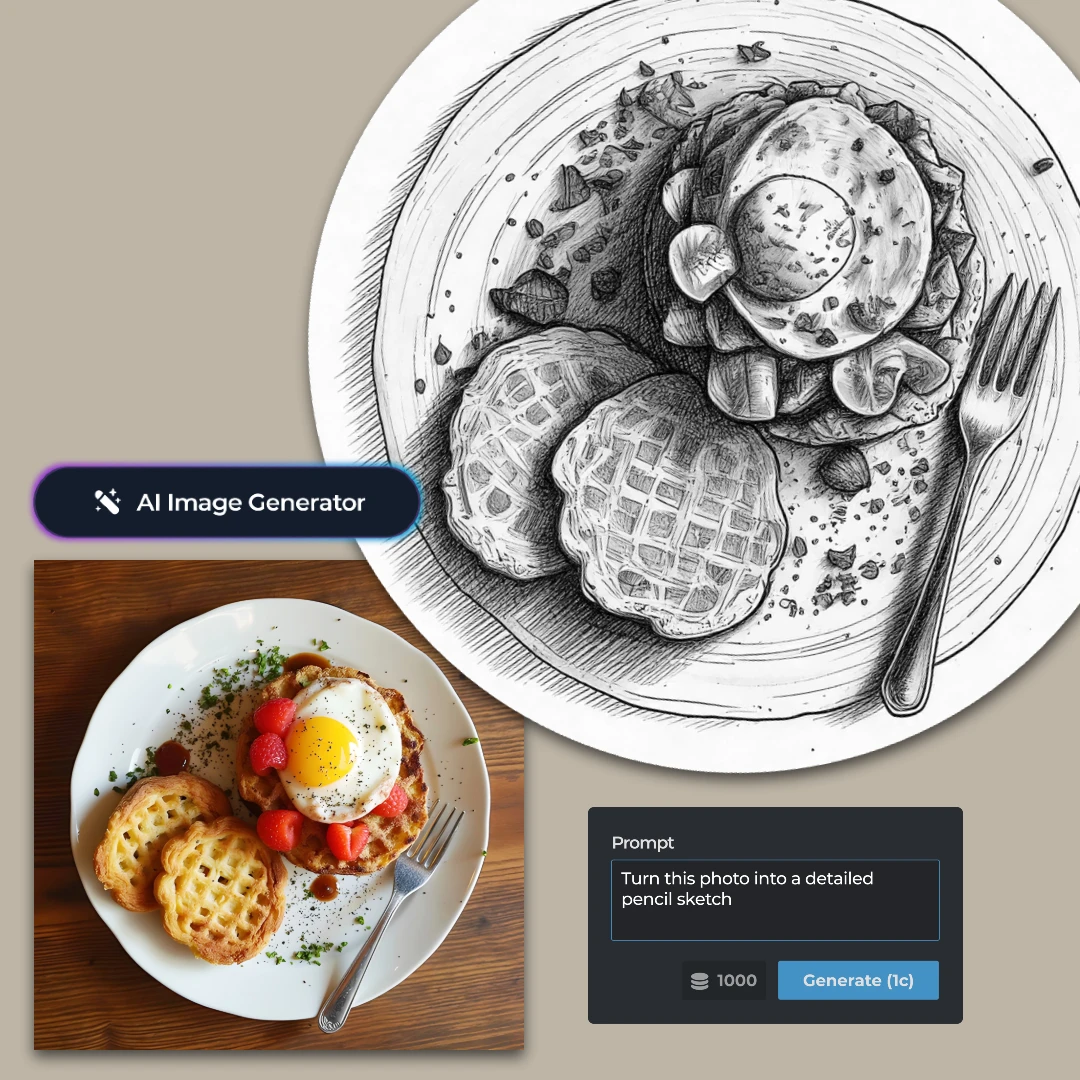 Image of a sketch and real plate of breakfast with waffles, egg, and tomatoes.