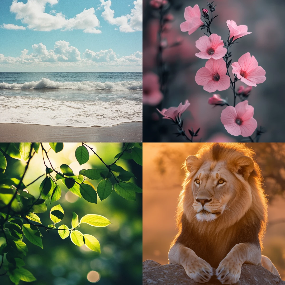 A collage of nature scenes: a sunny beach, pink flowers, green leaves, and a lion's paws resting on a rock.