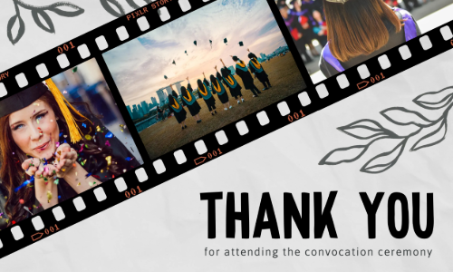 Thank you card for convocation ceremony. Film strip design with graduate photo and beach group image. Black text on white background. Decorative leaf motif in corners.