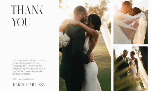 Wedding thank you card with four photos. Main image shows couple embracing. Smaller images feature veil and outdoor scenes. Text expresses gratitude. Names Harry and Melissa at bottom. Warm, romantic atmosphere.