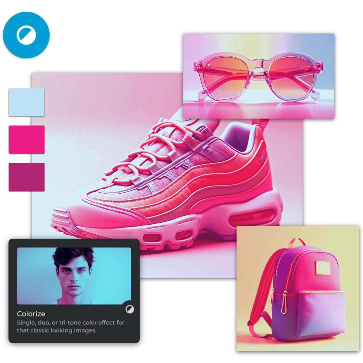 Graphic showcasing a sneaker, sunglasses, a backpack, and a colorize editing feature.