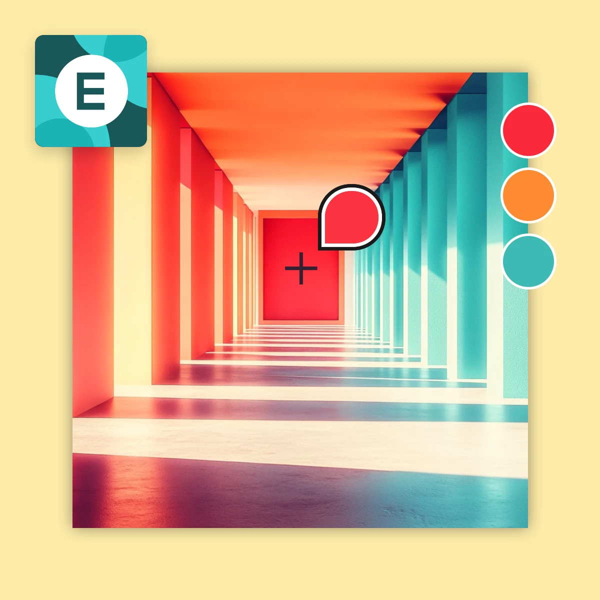 A colorful corridor with gradient walls and overlay icons suggesting photo editing or graphic design.