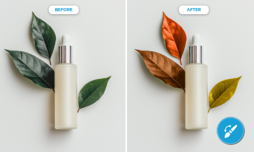 Before and after image showing a skincare bottle with green leaves on left and same bottle with autumn leaves on right.