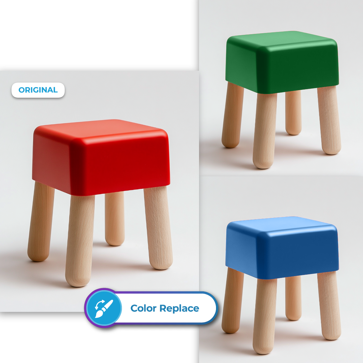 A stool depicted in three versions with different seat colors: original red, replaced green, and blue.