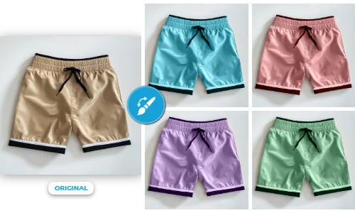 Four pairs of satin boxer shorts in gold, blue, pink, and green displayed on a white background.