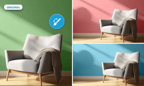 An armchair with a throw blanket in a split image showing different colored backgrounds.