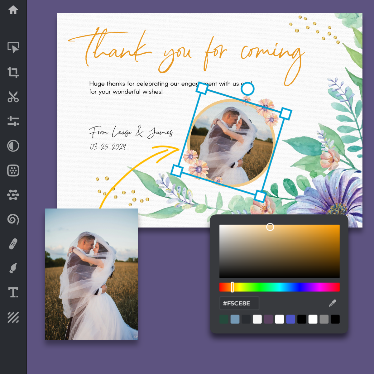 Engagement thank you card design interface. Couple embracing in field photo. Floral watercolor border. Editing tools visible. Color picker open. Orange script text. Purple background with design elements.