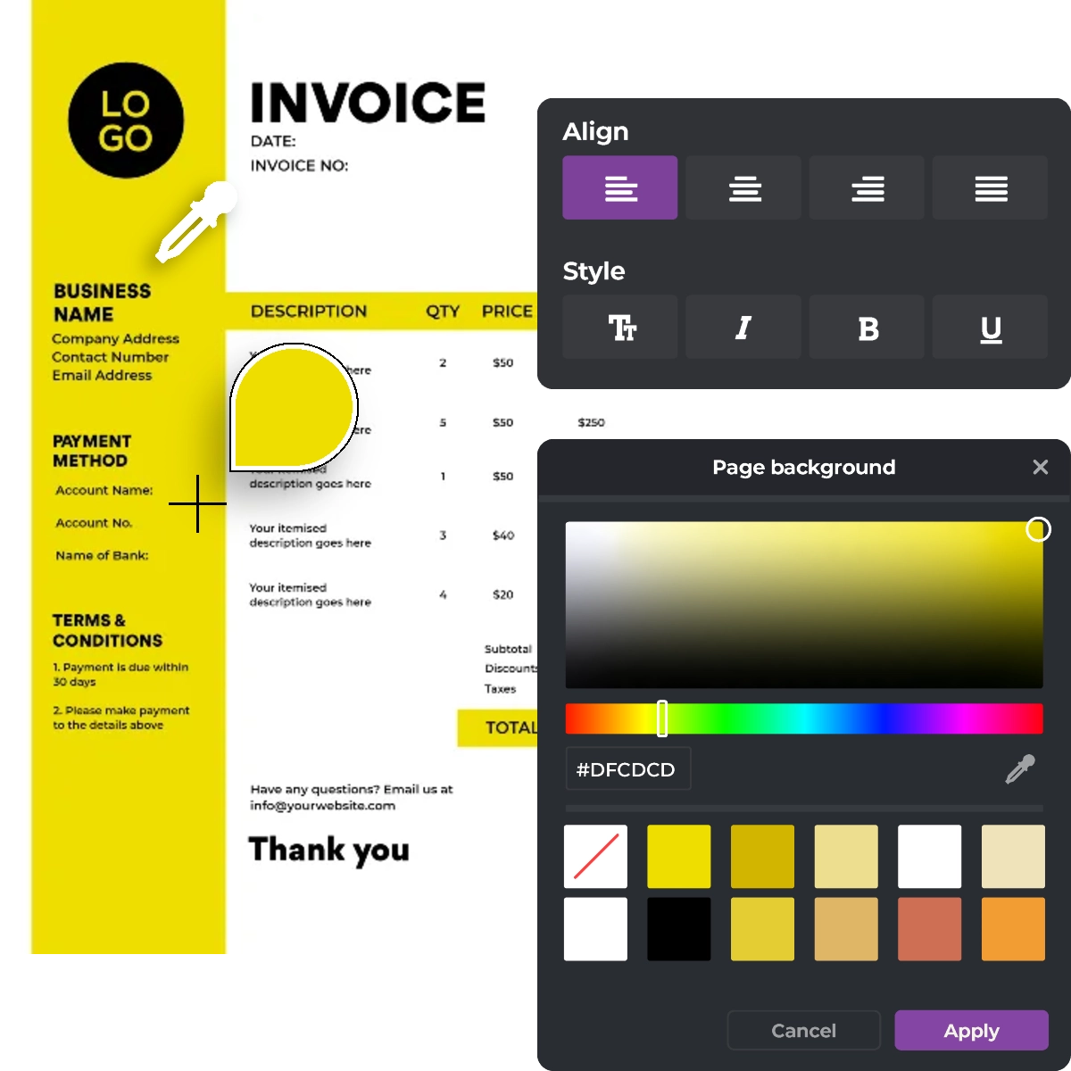 Invoice template with yellow accents displaying company logo, business details, and editing options. Design interface shows alignment, style, and color customization tools.