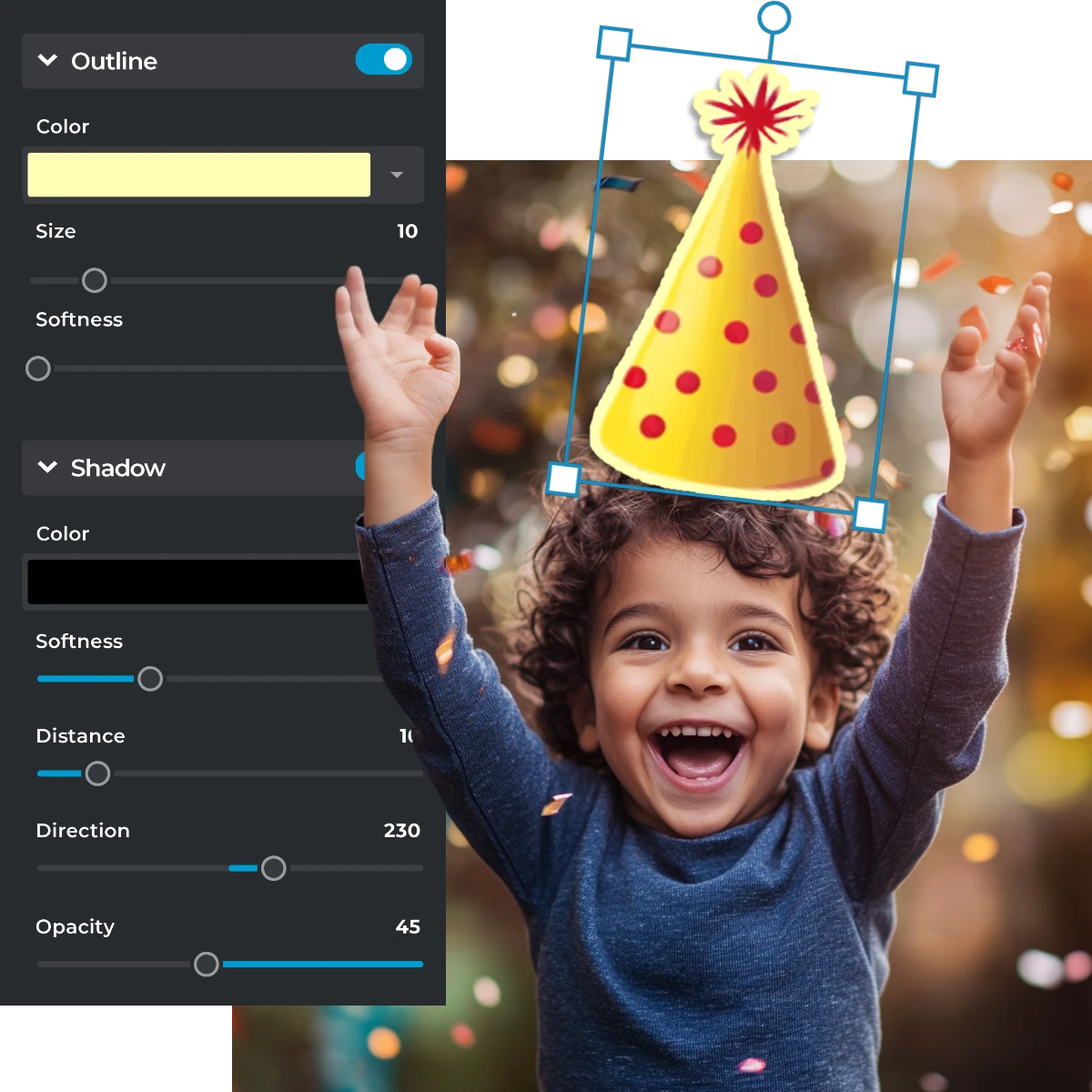 Photo editing interface Excited child in blue shirt arms raised Yellow party hat overlay Colorful background Adjustment panels for outline shadow effects