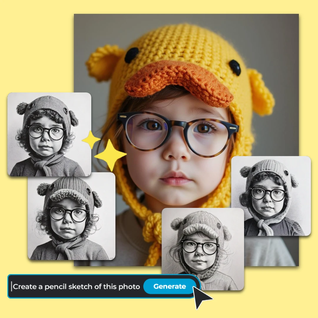 A collage of images showing a child in a yellow knitted hat, with black and white versions and a drawing filter option.