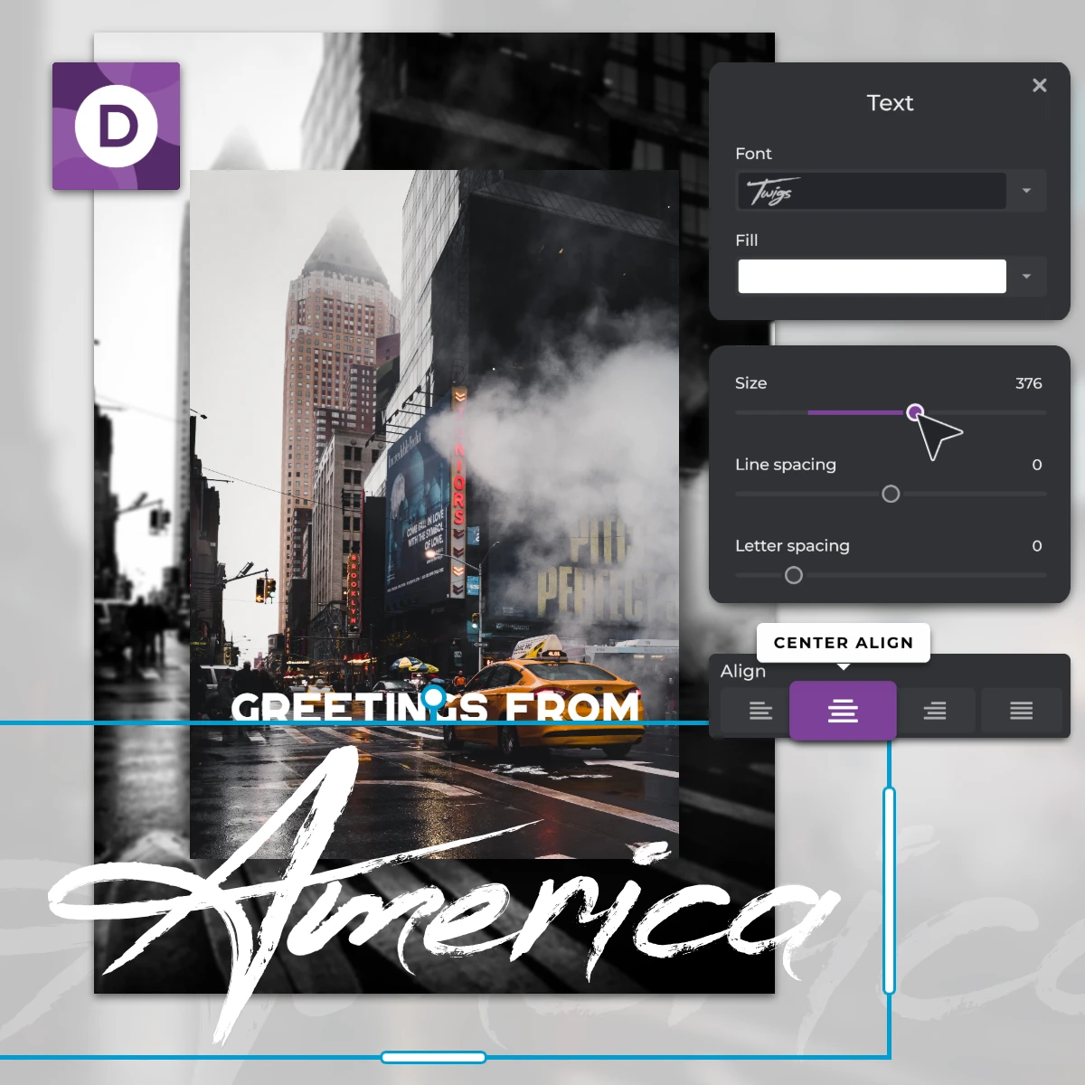 Design interface Greetings from America postcard New York City street scene Yellow taxi Skyscrapers Smoke Text editing options Purple D logo Dark theme UI
