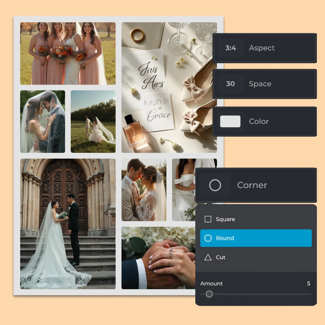 A collage of wedding-themed photos with an overlaid image editing interface.