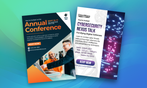 Two event flyers: one for an Annual Conference, and another for a Cybersecurity Nexus Talk, featuring dates and RSVP details.