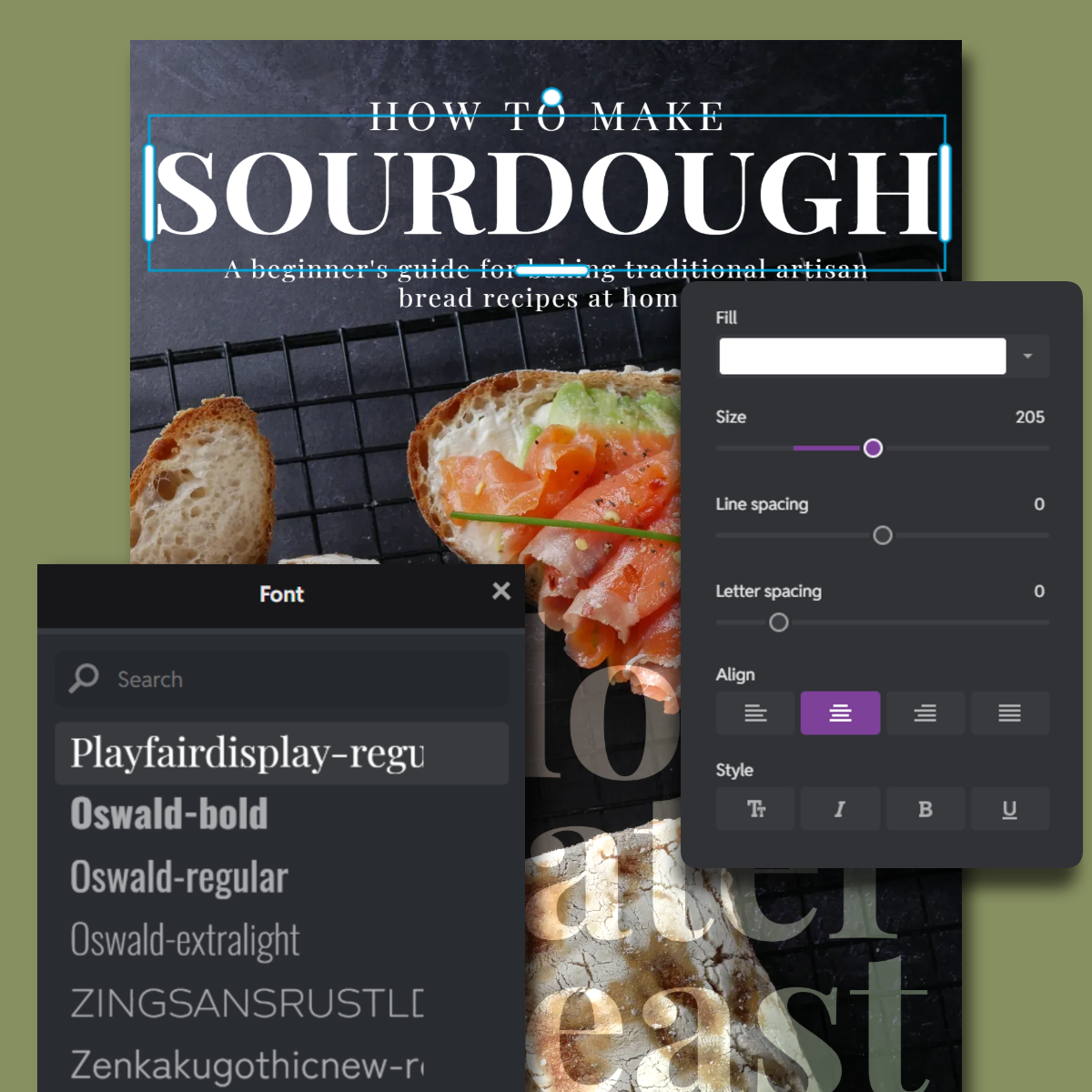 Sourdough recipe book cover design interface. Shows title, subtitle, and bread images. Font selection menu and text customization tools visible. Editing options for size, spacing, and alignment displayed.