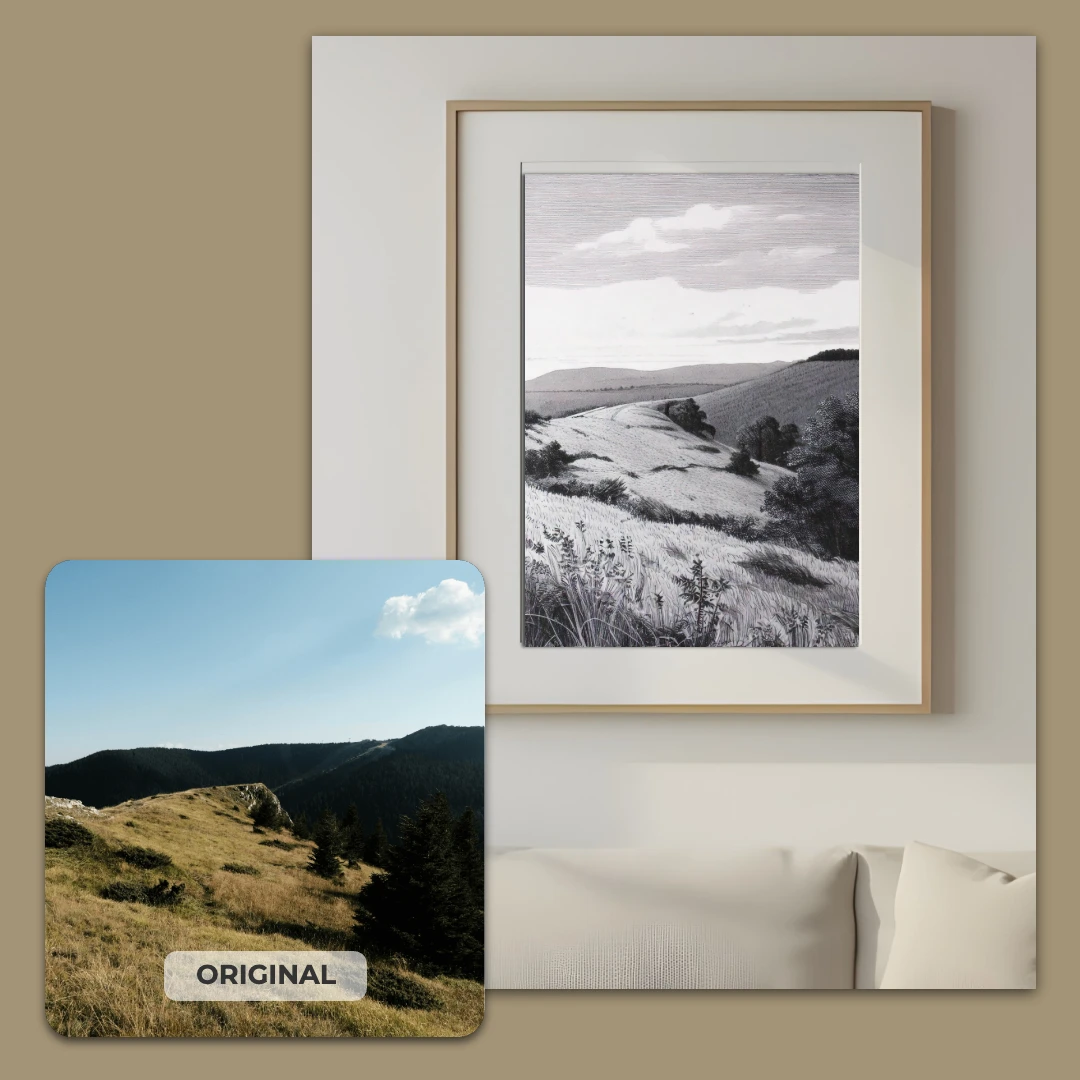 Frame with landscape image on a wall above a sofa, and a comparison of the original color photo.