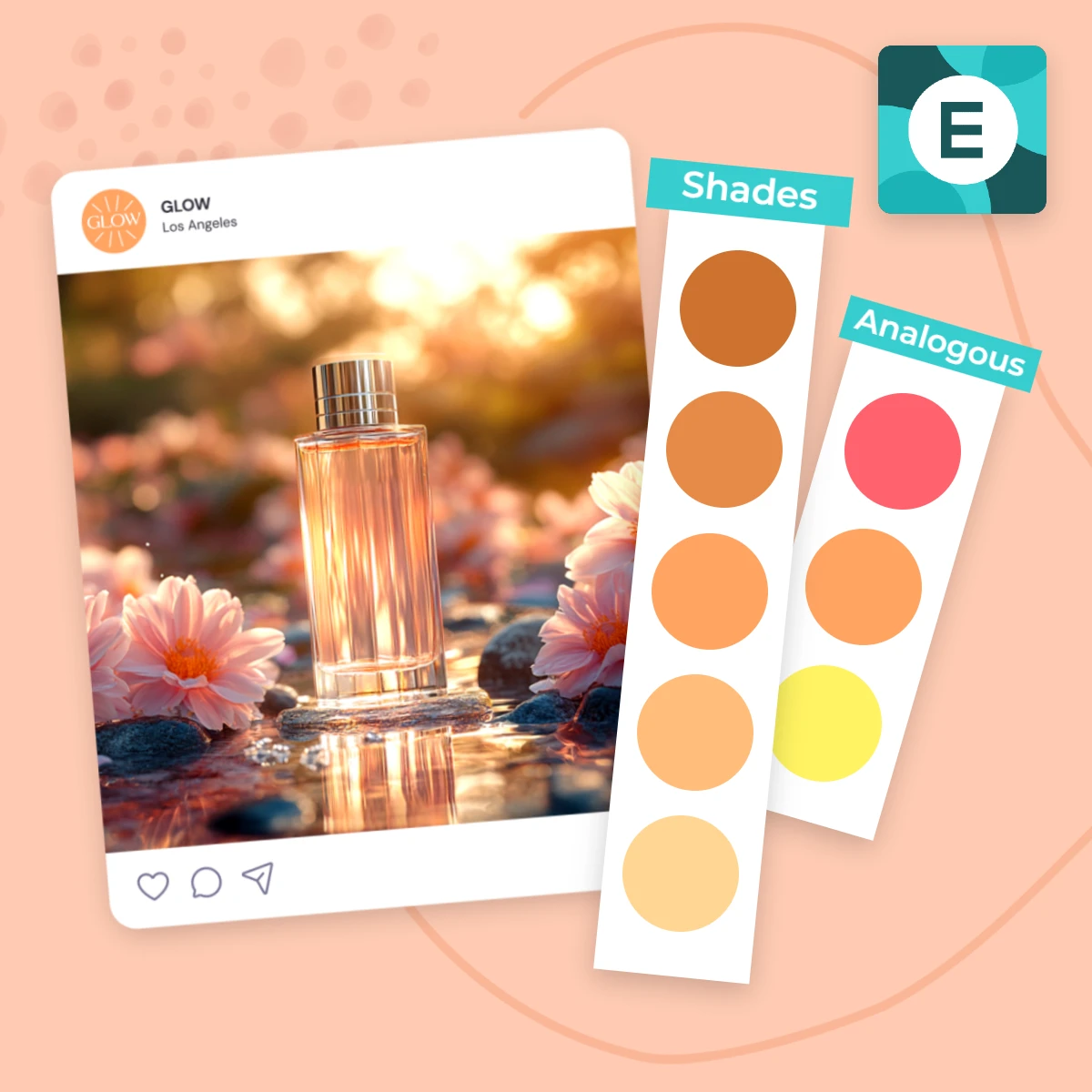 Perfume bottle on a flowery surface with color palette samples for design inspiration.