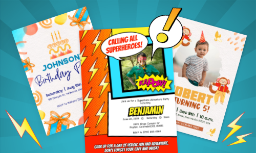 Three colorful birthday invitations featuring superhero themes and vibrant designs, with details for events celebrating children.