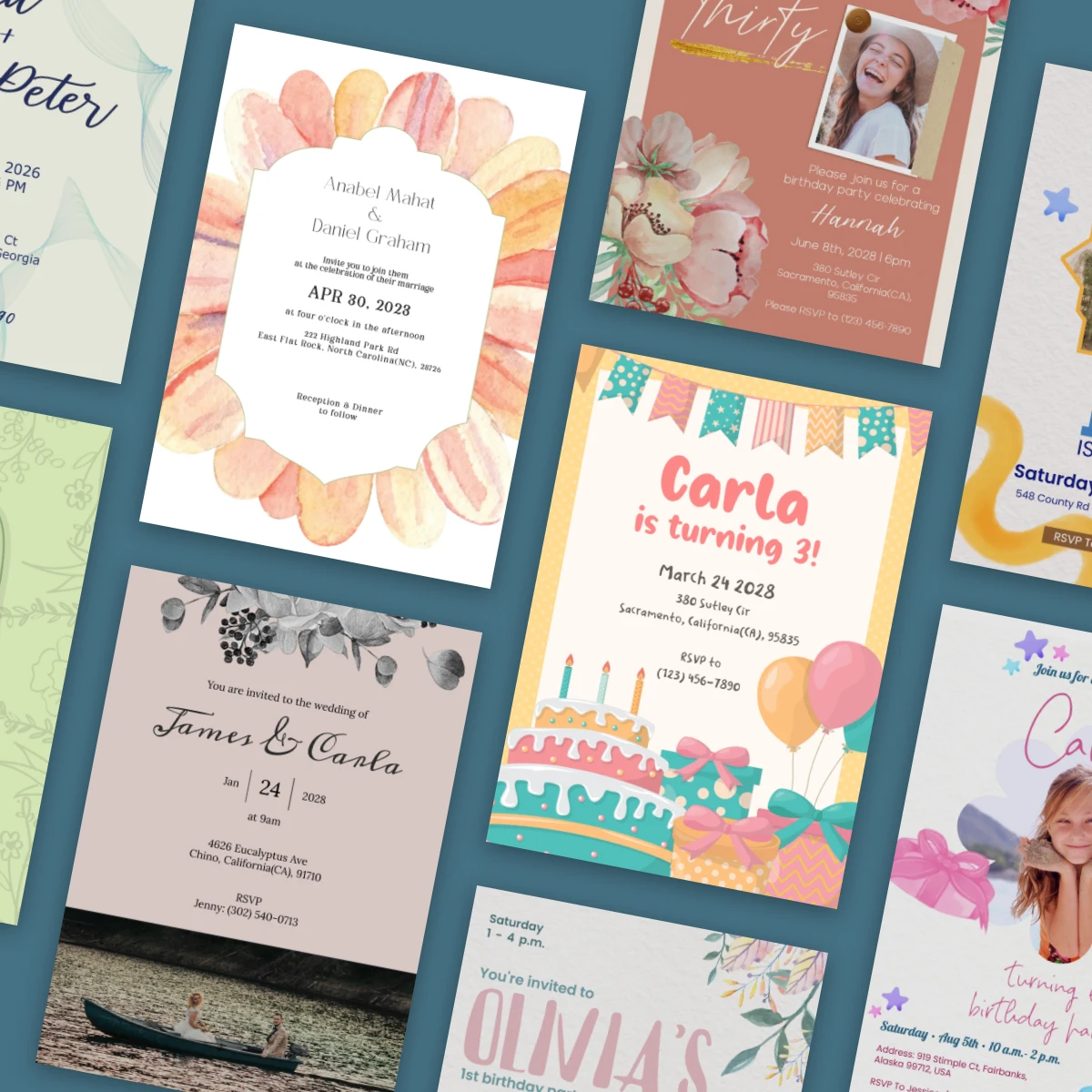 A collage of colorful event invitations, including weddings and birthday parties, showcasing various designs and celebration details.