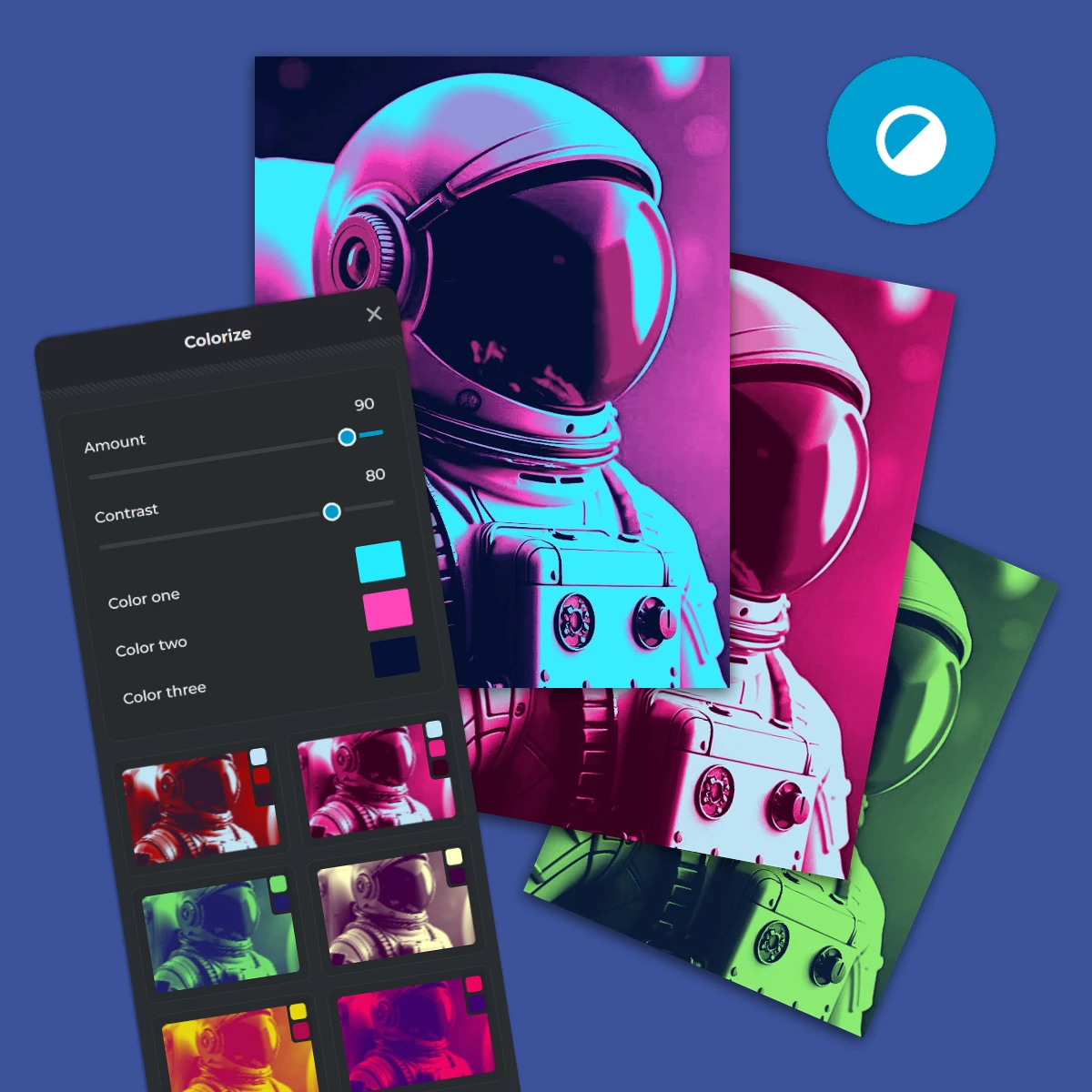 An astronaut image being edited with a colorize tool featuring a user interface and multiple color presets.